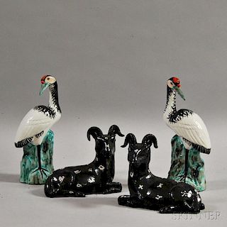 Pair of Ceramic Cranes and a Pair of Rams