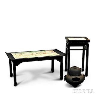 Two Asian Tile-top Tables and a Cast Iron Japanese Brazier and Tea Kettle