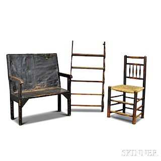 Black-painted Settee, a Carved Oak Hanging Wall Shelf, and a Side Chair.