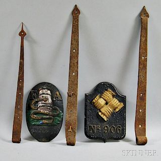 Two Painted Fire Marks and Three Strap-hinges