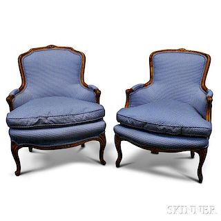 Pair of Provincial Louis XV-style Carved Fruitwood Bergere