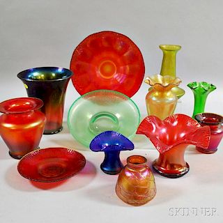 Twelve Iridescent Art Glass Items