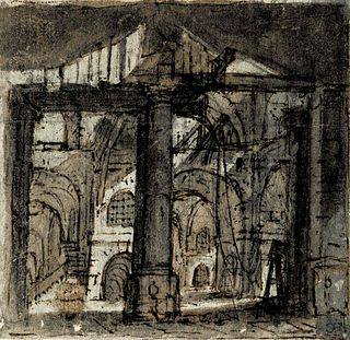 Attr. to Giovanni Battista Piranesi, It. 1720-1778, Interior View, Ink and wash on paper, framed under glass