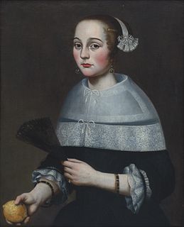 17th Century Dutch School,  , Portrait of a Woman Holding a Fan and a Lemon, Oil on canvas, framed