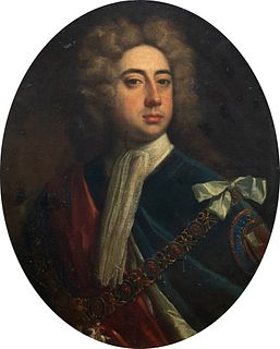 17th/18th Century School of Godfrey Kneller,  , Portrait of a Nobleman Wearing the Order of the Garter and Great George, Oil on canvas, framed