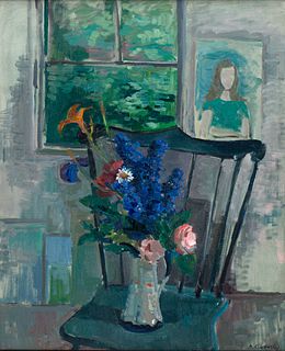 Nicolai Cikovsky, Rus./Am. 1894-1984, "Flowers on Chair" c. 1950s, Oil on canvas, framed