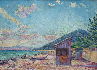 David Davidovich Burliuk, Ukrainian 1882-1967, On the Shore, Japan, 1921, Oil on canvas, framed