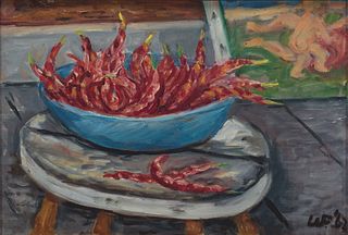 Waldo Peirce, Am. 1884-1970, Bowl of Peppers with Nude Figures in Background, 1962, Oil on canvas, framed