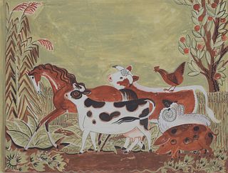 Dahlov Ipcar, Am. 1917-2017, Farm Animal Procession, Watercolor and acrylic on paper laid to board, framed under glass