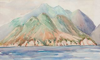 Charles Herbert Woodbury, Am. 1864-1940, Mountains in the Tropics, Watercolor on paper, framed under glass