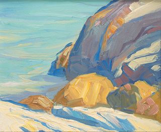 Elwyn George Gowen, Am. 1895-1954, "Glacial Boulder Ogunquit" 1937, Oil on board, framed