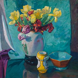 Jane Peterson, Am. 1876-1965, Tulips, Oil on canvas, framed
