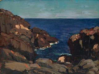 Paul Dougherty, Am. 1877-1947, "Squeeker (sic) Rock, Monhegan, Maine" 1905, Oil on canvas laid to board, framed