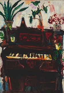 Marilyn Powers, Am. 1925-1976, Plants and Piano, Oil on canvas, framed