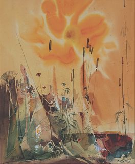 Laurence Philip Sisson, Am. 1928-2015, "Flowers-Sun and Weeds", Watercolor on paper, framed under glass