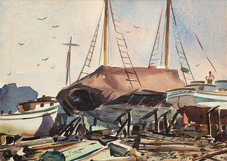 Henry Gasser, Am. 1909-1981, At the Boatyard, Watercolor on paper, framed under glass