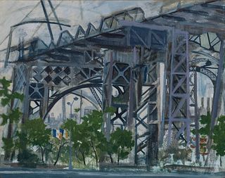Robert Solotaire, Am. 1930-2008, "Williamsburg Bridge", Oil on masonite, framed