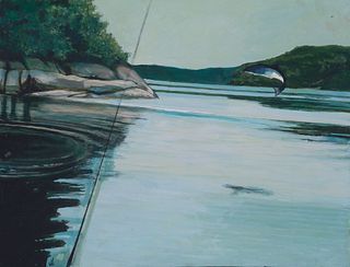 John Laurent, Am. 1921-2005, "Quebec Salmon, Jump" (2/2) 1982, Acrylic on masonite, framed