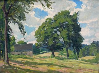 James Goodwin McManus, Am. 1882-1958, "Mid Summer Day" 1943, Oil on canvas board, framed
