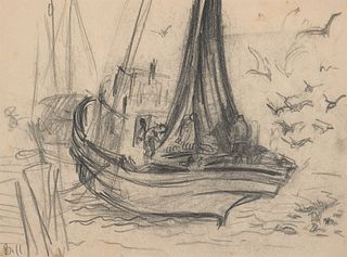 William Muir, Am. 1902-1964, Fishing Boat, Pencil on paper, framed under acrylic