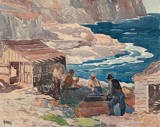 George Pearse Ennis, Am. 1884-1936, "Mending Boats", Watercolor on paper, framed under glass
