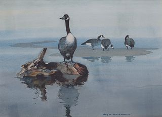 Roy Martell Mason, Am. 1886-1972, "Canada Geese Resting", Watercolor on paper, framed under glass