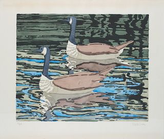 Neil Welliver, Am. 1929-2005, "Canadian Geese" 1978, Lithograph with hand coloring, framed under glass