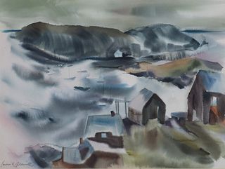 Lawrence Goldsmith, Am. 1916-2004, Manana and Harbor, Watercolor on paper, framed under glass