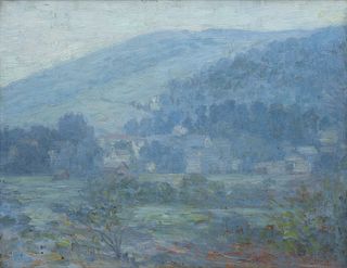 Roy Elliott Bates, Am. 1882-1920, Smoke Near Arkville, Catskills, c. 1918, Oil on board, framed