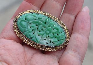 JEWELRY. Chinese Gilt-Silver Carved Jade Plaque.