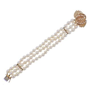 1960s 14k Gold Diamond Pearl Bracelet
