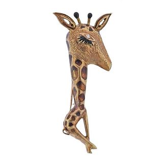 1970s 14k Gold Enamel Diamond Giraffe Brooch