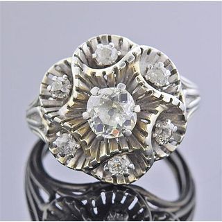 Mid Century 18k Gold Old Mine Diamond Flower Ring