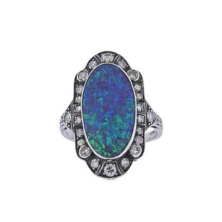 Art Deco Platinum Black Opal Diamond Ring