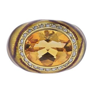 18k Gold Diamond Citrine Enamel Dome Ring