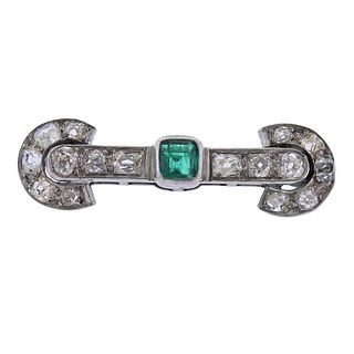 Antique Art Deco 14k Gold Diamond Emerald Brooch