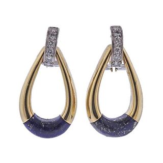 14k Gold Lapis Diamond Doorknocker Earrings