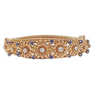 Vintage 14k Gold Diamond Sapphire Flower Bracelet
