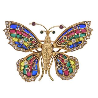 18K Gold Diamond Gemstone Enamel Butterfly Brooch Pin