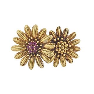 Tiffany &amp; Co Vintage 18k Gold Ruby Flower Brooch Pin