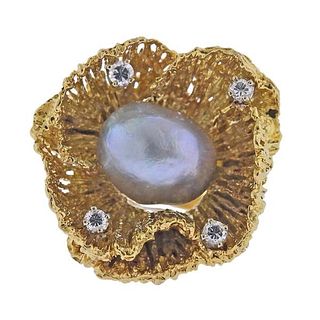 1960s 18k Gold Diamond Pearl Flower Cocktail Ring