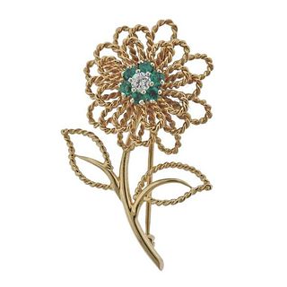 14k Gold Diamond Emerald Flower Brooch Pin
