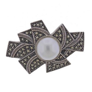 Judith Leiber Silver Marcasite Costume Pearl Brooch Pin