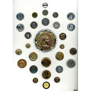 A CARD OF ASSORTED METAL COIN BUTTONS