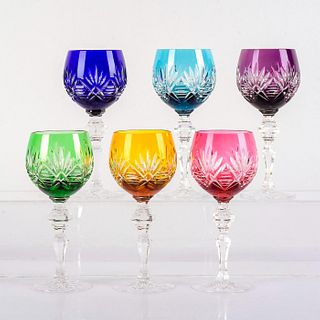 Set of 6 Multicolored Crystal Cut Wine Hock Glasses