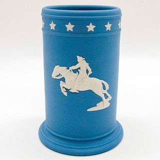 Wedgwood Pale Blue Jasperware, Horse and Rider Spill Vase