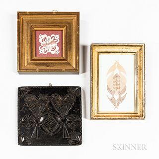 Two Framed Cutwork Items and a Geometric Carved Panel