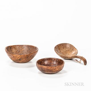 Two Small Turned Burl Bowls and a Carved Scoop