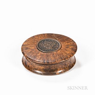 Burl Snuff Box with Inset 1850 Penny