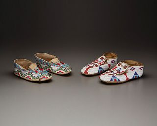 Two pairs of Sioux men's beaded hide moccasins